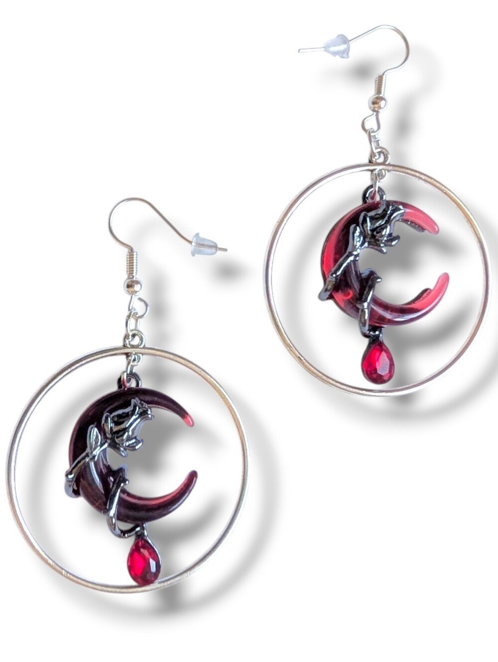 NWT Handmade Red and Gunmetal Rose Crescent Moon Hoop Earrings